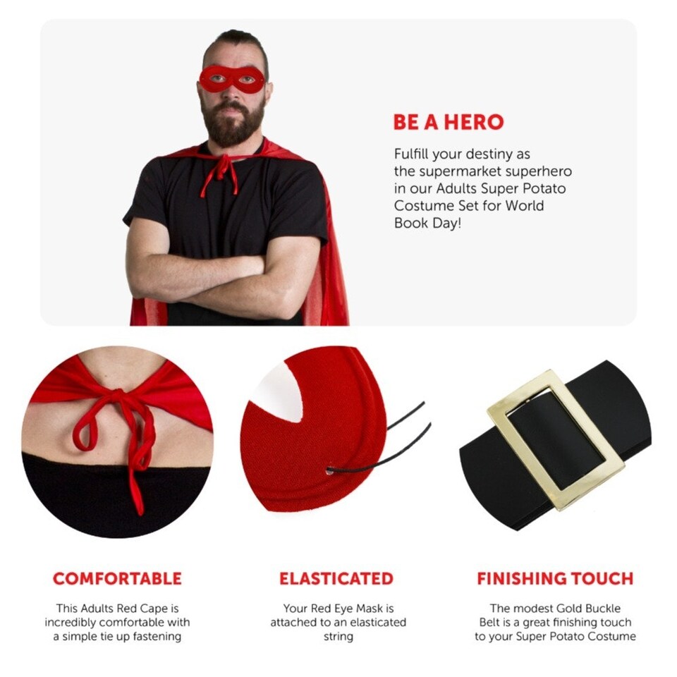 image 1 of Super Potato Costume Hero Set - Belt, Gloves, Red Mask & Cape Red | One Size