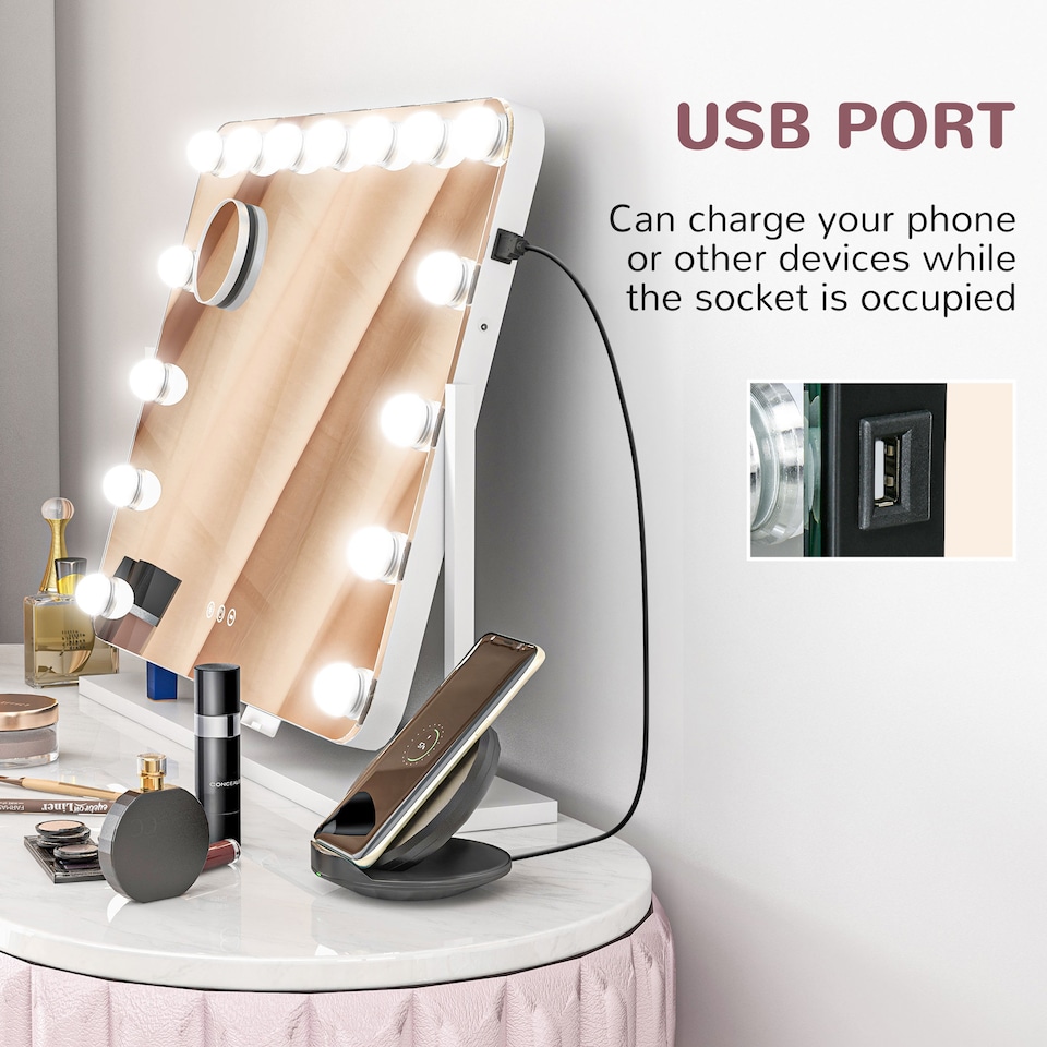 image 1 of HOMCOM Hollywood Vanity Mirror with Lights, Large 6350 cm Lighted Makeup Mirror with 3 Colour, 14 LED Bulbs, 10 Magnifying, USB Charging Port, Phone Holder