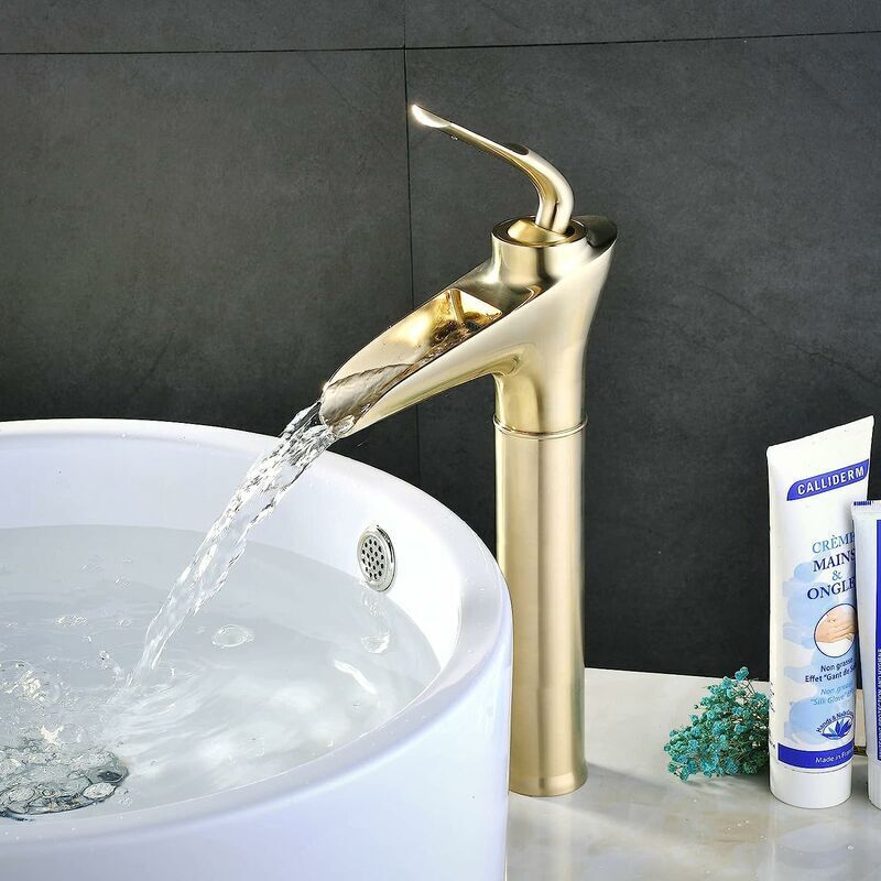 Brushed gold bathroom faucet waterfall tall solid brass sink faucets,antique retro basin sink mixer tap,adjustable hot and