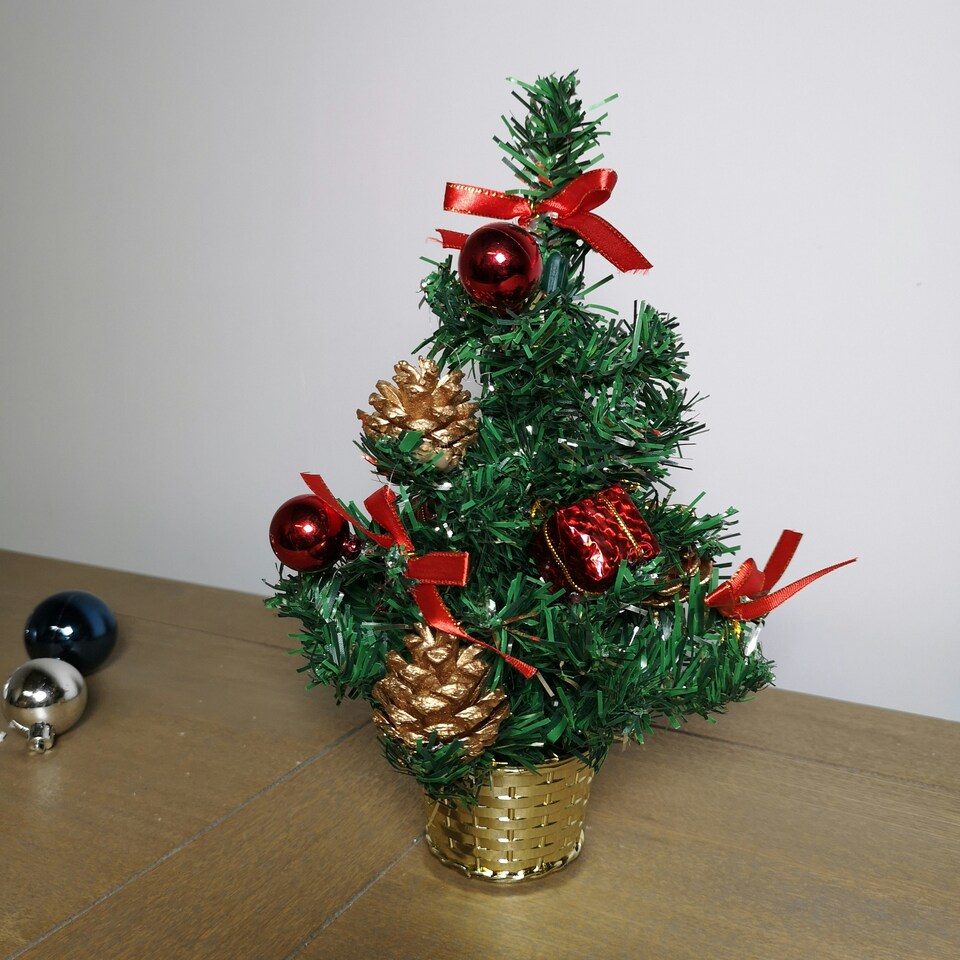 image 1 of 30cm Premier Green Mini Christmas Tree Decorated in Red & Gold
