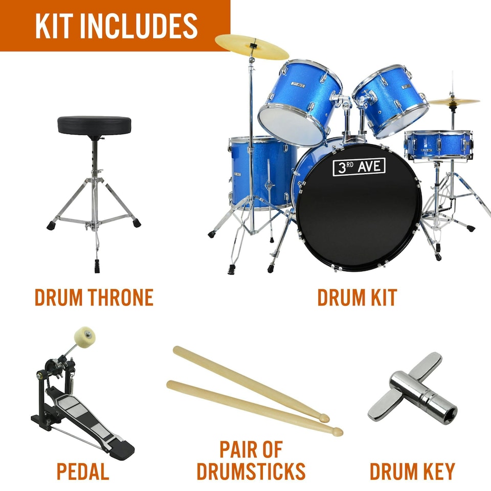 image 1 of 3rd Avenue Full Size Adult Drum Kit - Shine Blue