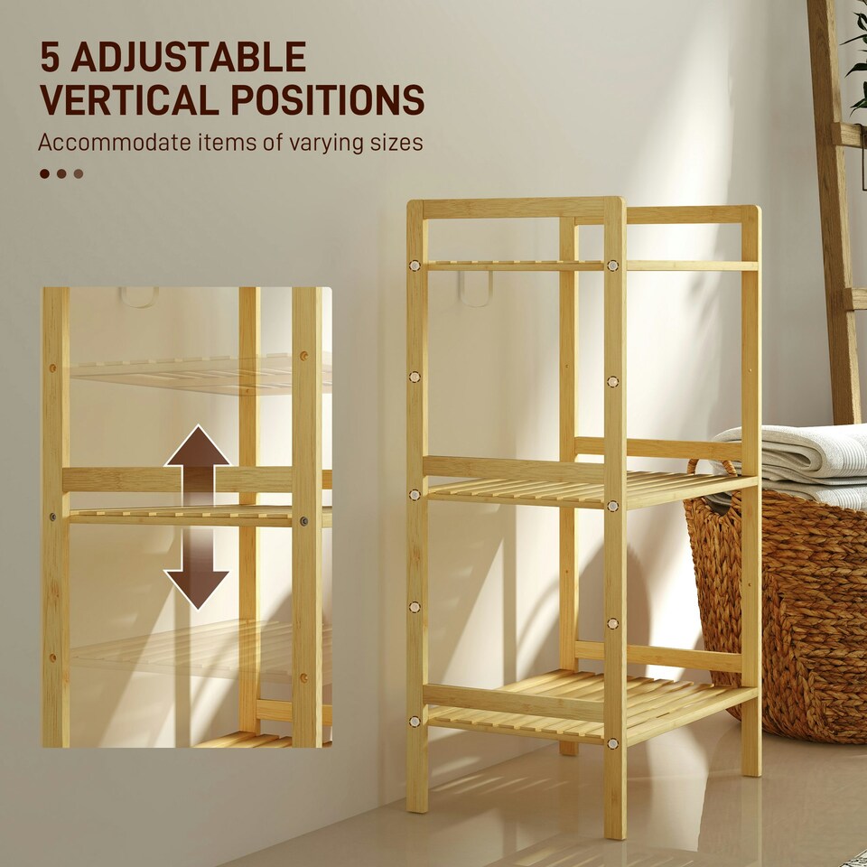 image 1 of HOMCOM 3-Tier Bamboo Bathroom Storage Shelf, Freestanding Shelving Unit with Adjustable Rack for Kitchen Bathroom Living Room, Natural and White