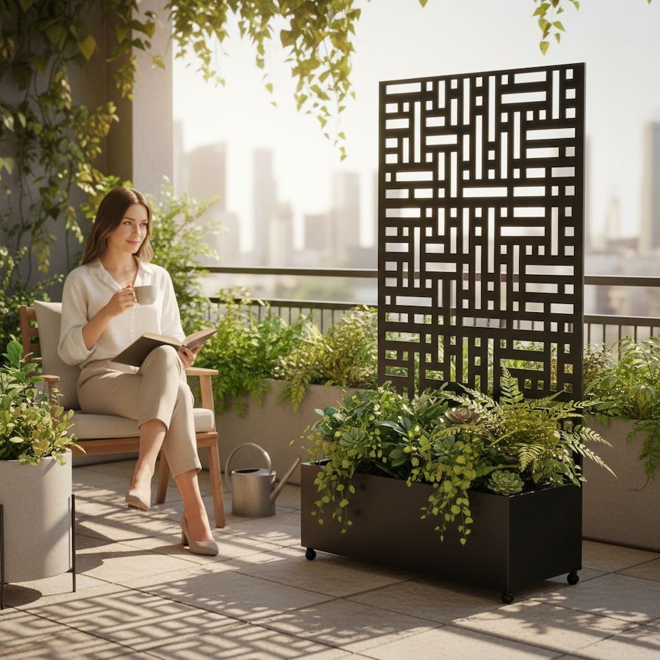 image 1 of Nicoman Metal Outdoor Privacy Screen Panel with Planter | Black | Black | 1