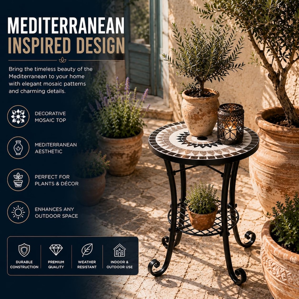 image 1 of Medina Mosaic Plant Stand Side Table with Ceramic Tile Top for Indoor and Outdoor Use