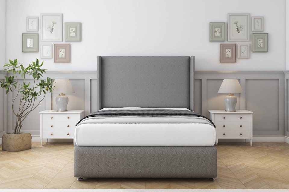 image 1 of Sloomy Stratford Pewter Dumfries Divan Bed Base No Drawers With 54 Inch Wingback Headboard & 12 Inch Matching Footboard | Grey | Pewter | Double | 1