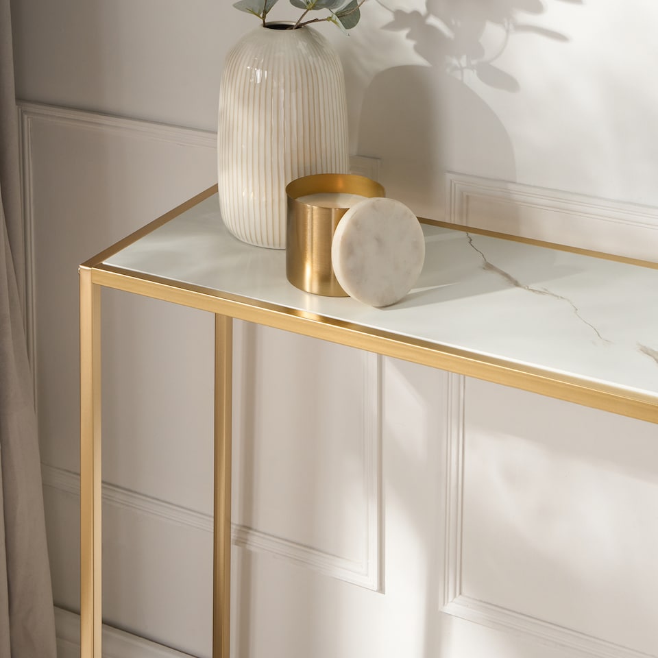 image 1 of OHS Marble Look Top Slim Console Table with Gold Sturdy Metal Frame, White | White | White Marble/Gold