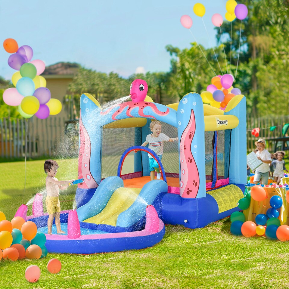 image 1 of Outsunny Bouncy Castle w/ Slide Water Pool Trampoline, Blower 3.6 x 1.75 x 1.8m