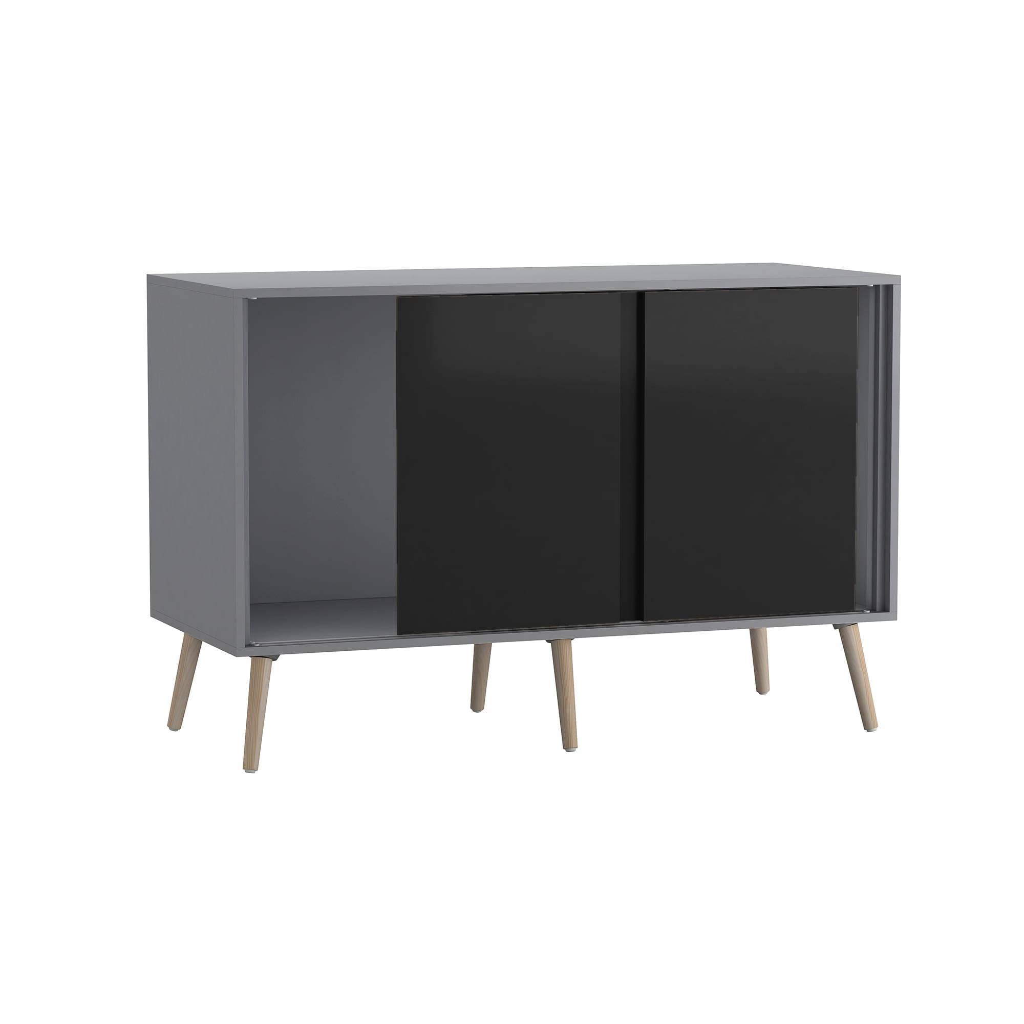 URBNLIVING Grey Carcass 3 Door Sliding Storage Cabinet Multi Black Doors & Pine Legs 1