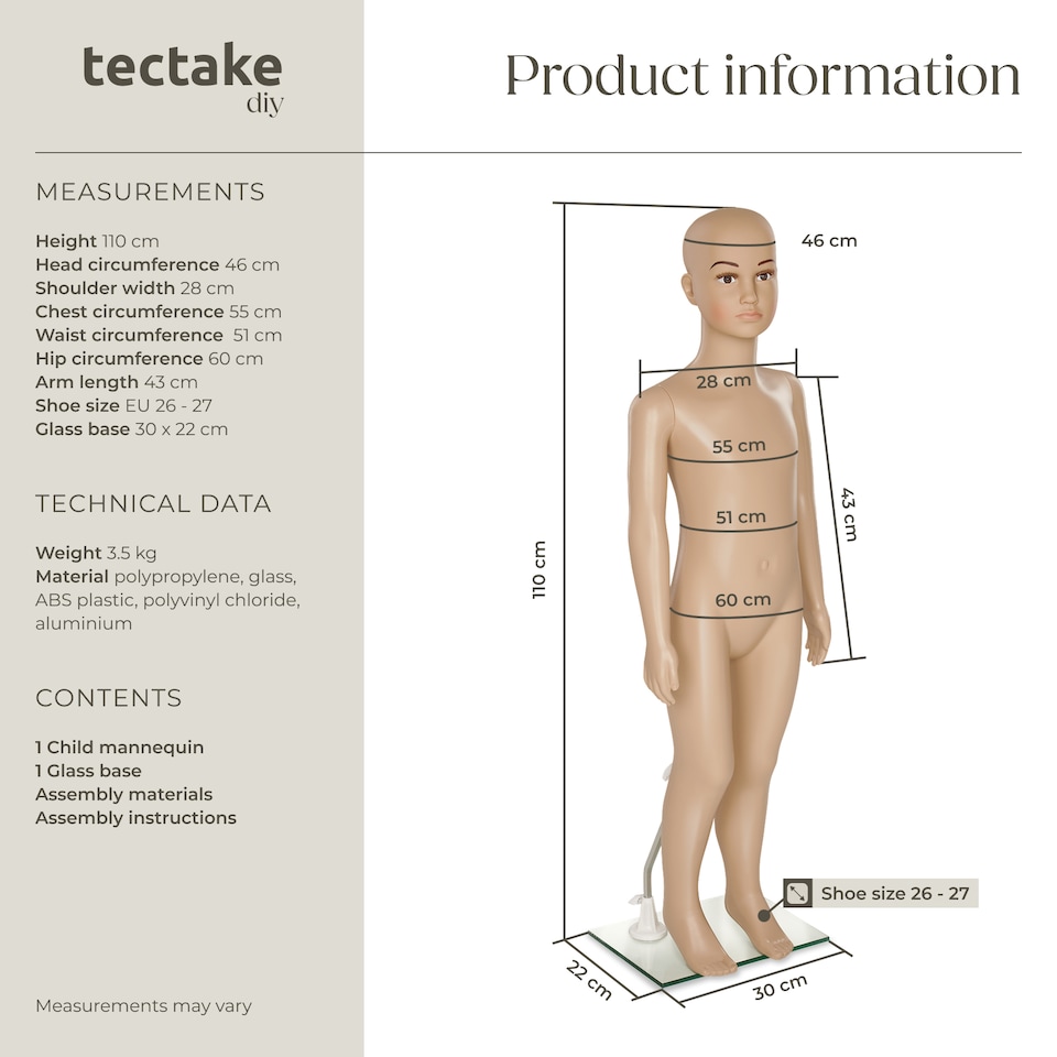 image 1 of Mannequin - adjustable, full body, life size, realistic proportions, glass plate stand | Cream | beige | Child | 1