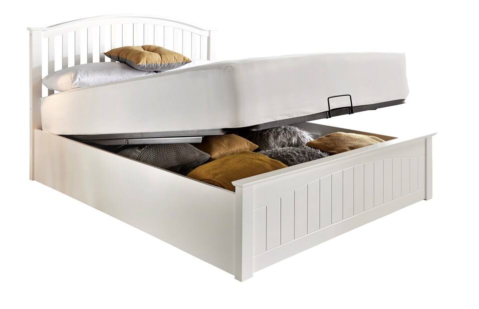 image 1 of 5ft King Size White,curved,wood wooden ottoman gas lift up storage bed frame.
