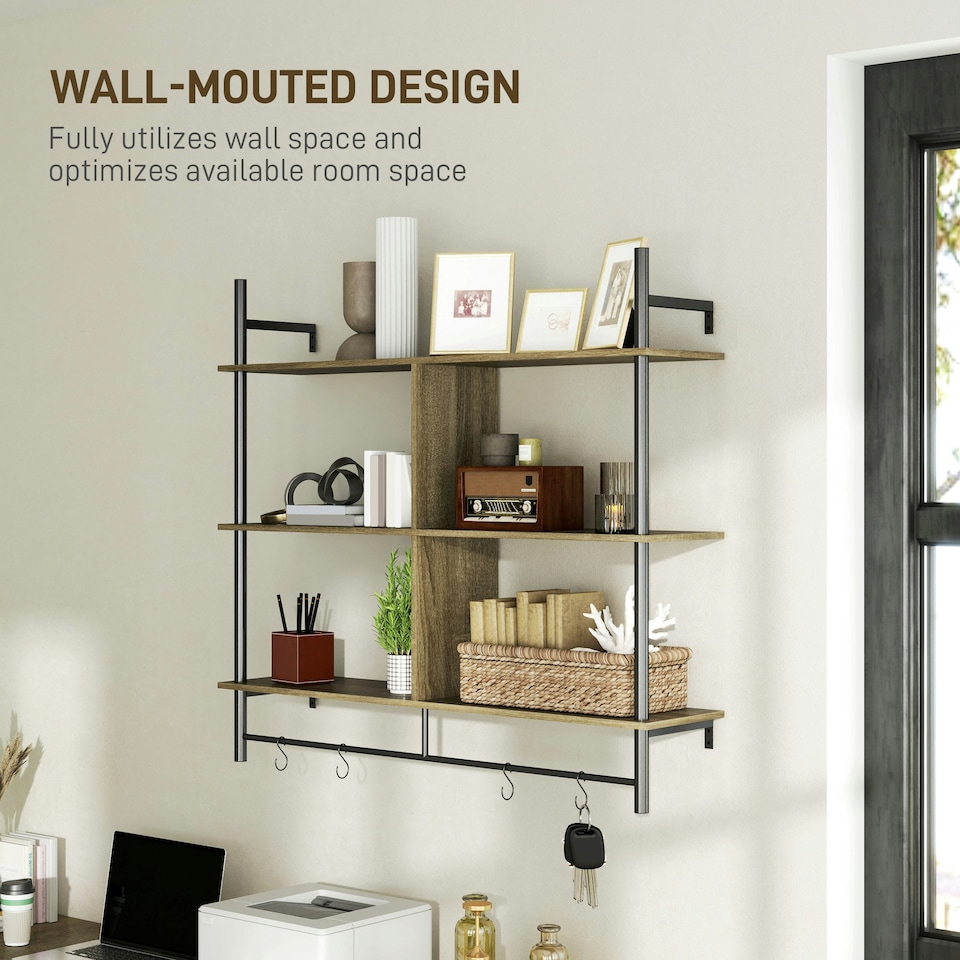 image 1 of HOMCOM Wall Shelf Unit with 4 Hooks for Living Room Grey Wood Effect