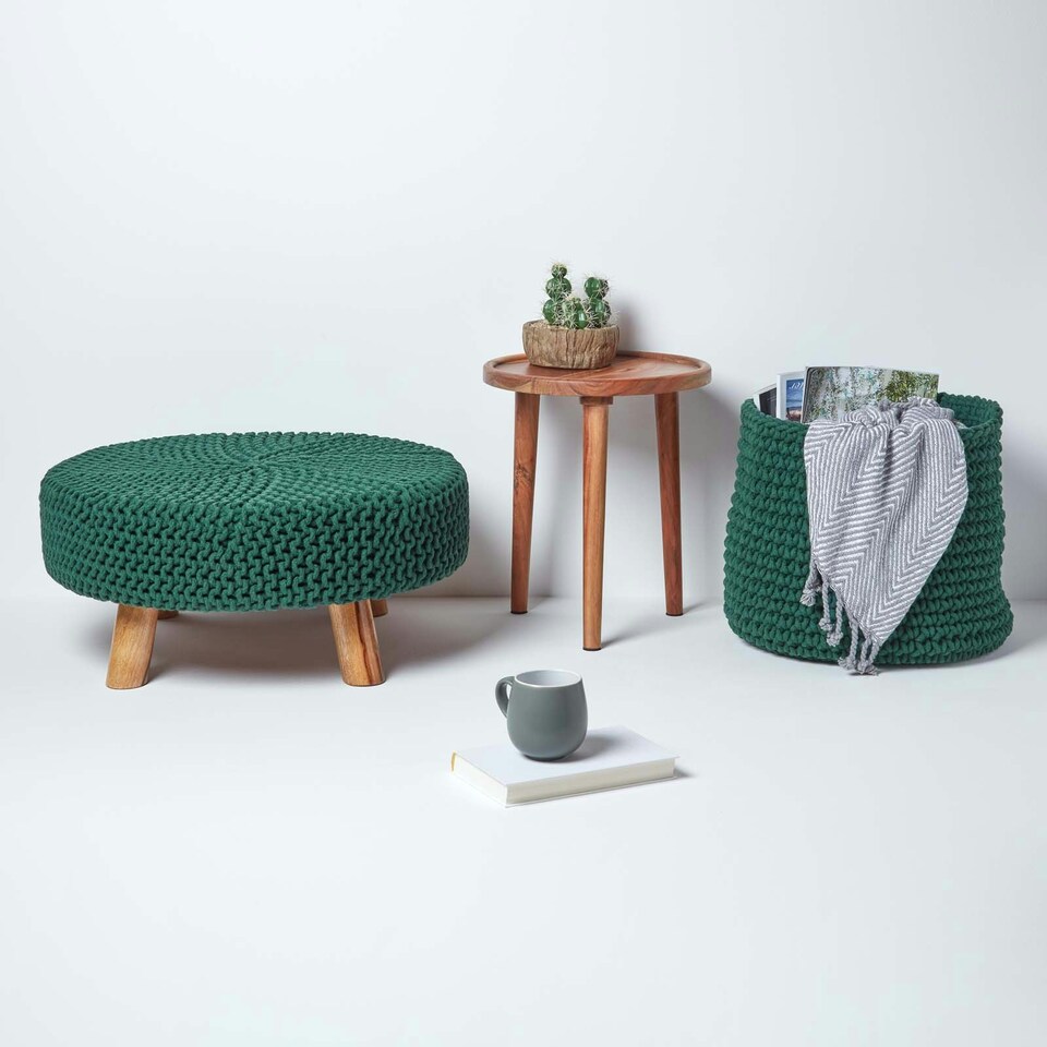 image 1 of Homescapes Forest Green Large Round Cotton Knitted Footstool on Legs