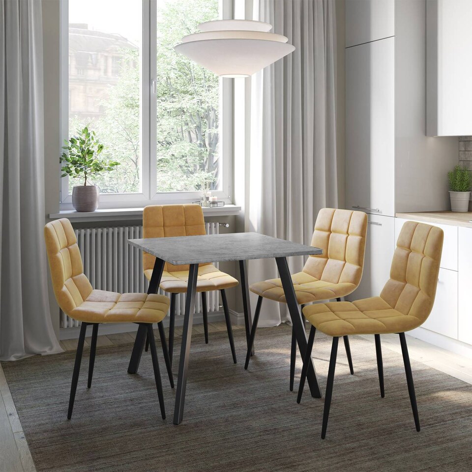 image 1 of 5-Piece Dining Set - 80cm Square Table and 4 Upholstered Velvet Chairs with Metal Legs | Grey | Concrete & Curly Yellow | 5