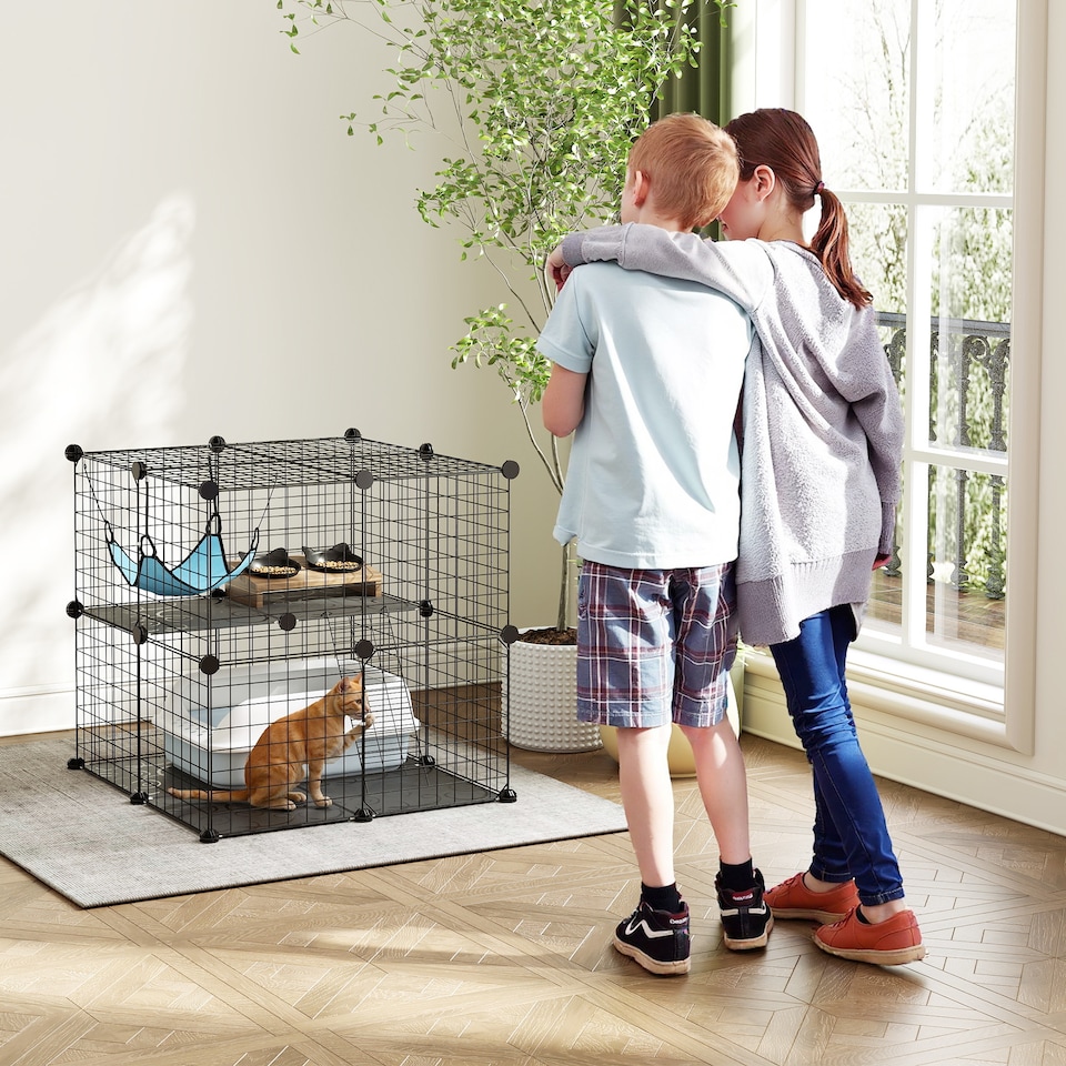 image 1 of PawHut Indoor Cat Cage with DIY Customizable Design Black | Black | Black | S