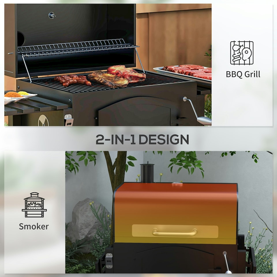 image 1 of Outsunny Charcoal Grill BBQ Trolley w/ Adjustable Charcoal Height & Thermometer