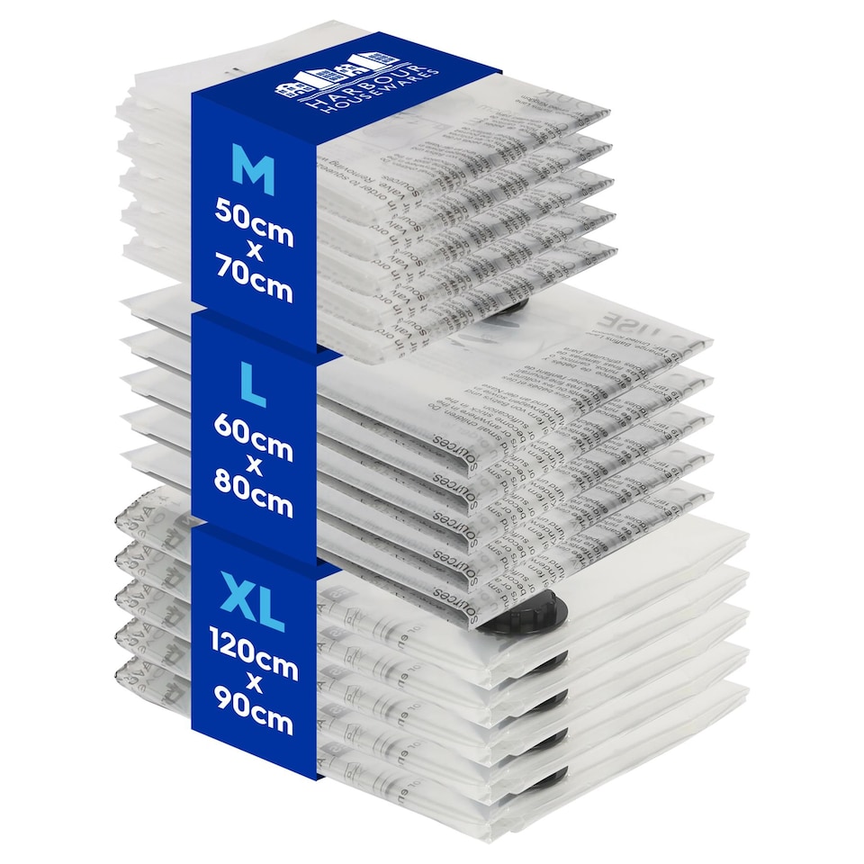 image 1 of Harbour Housewares 15x Vacuum Storage Bags Set - 3 Sizes - Reusable Clothes Suction Space Saver Organiser Zip Lock Luggage Bag | White | White | One Size | 15