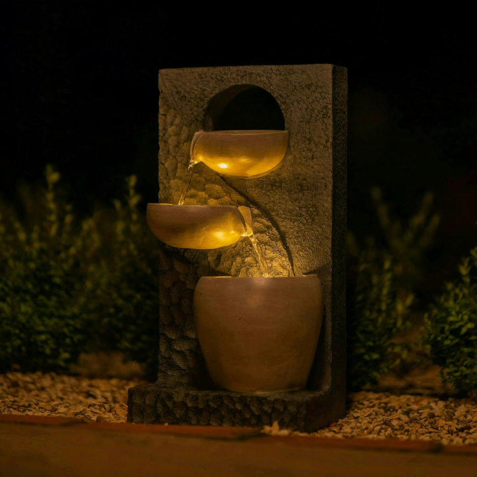image 1 of Primrose Solar Two Tone Pouring Bowls Tiered Water Feature with Lights 48cm