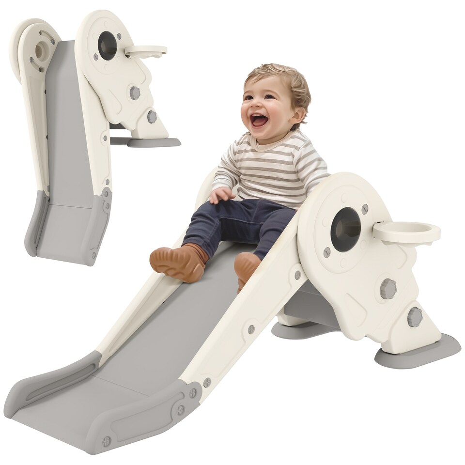 image 1 of AIYAPLAY 3-in-1 Kids Slide with Basketball Hoop, Climber, Cream White