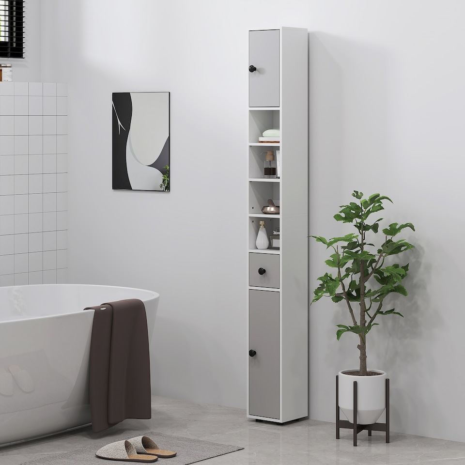 image 1 of kleankin 180cm Tall Bathroom Cabinet, Slim Bathroom Storage Cabinet with 4 Open Shelves, 2 Door Cupboards and Adjustable Shelves, Light Grey | Grey | Light Grey