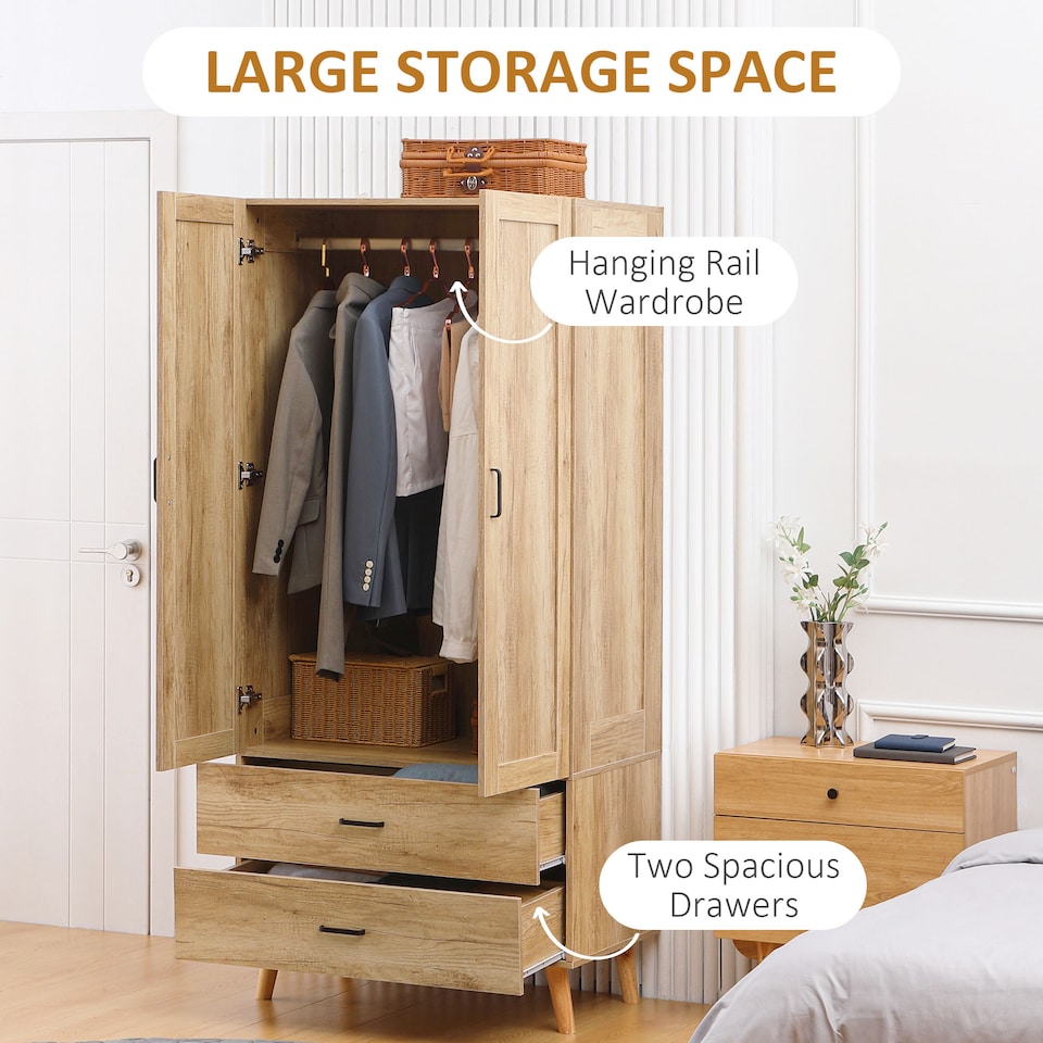image 1 of HOMCOM 2 Door Wardrobe, Modern Deep Wardrobe with 2 Drawers and Hanging Rail for Bedroom, Flats, 80 x 54 x 180 cm, Natural