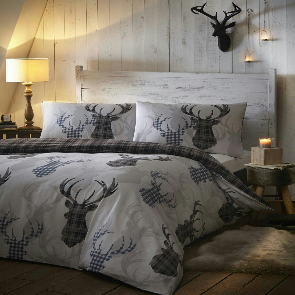 Portfolio Home Tartan Stag Check Silver Grey Animal Stag Quilt Duvet Cover Set Grey | Double