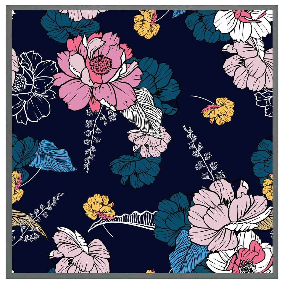image 1 of Pink flowers on navy (Picture Frame) Brown | XL