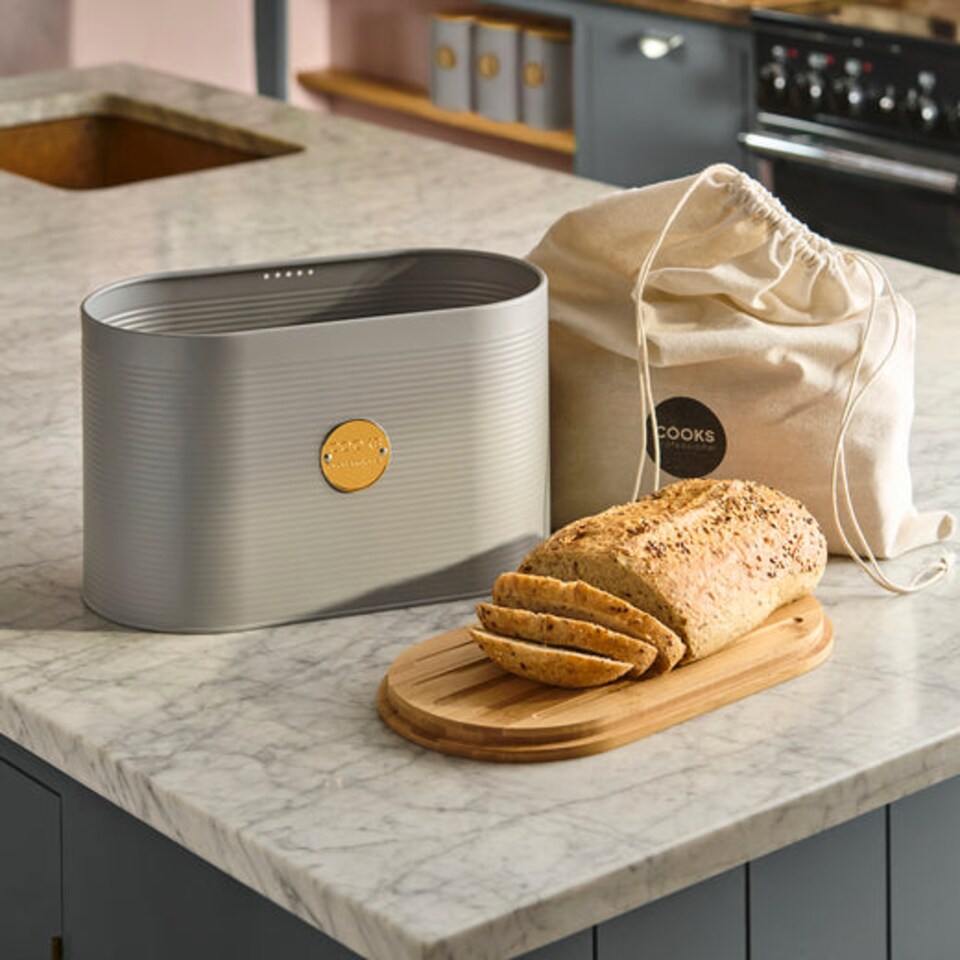 image 1 of Cooks Professional Ribbed Bread Bin, Linen Bag & Bamboo Board Set with Gold Label | Grey | Grey & Gold | 1