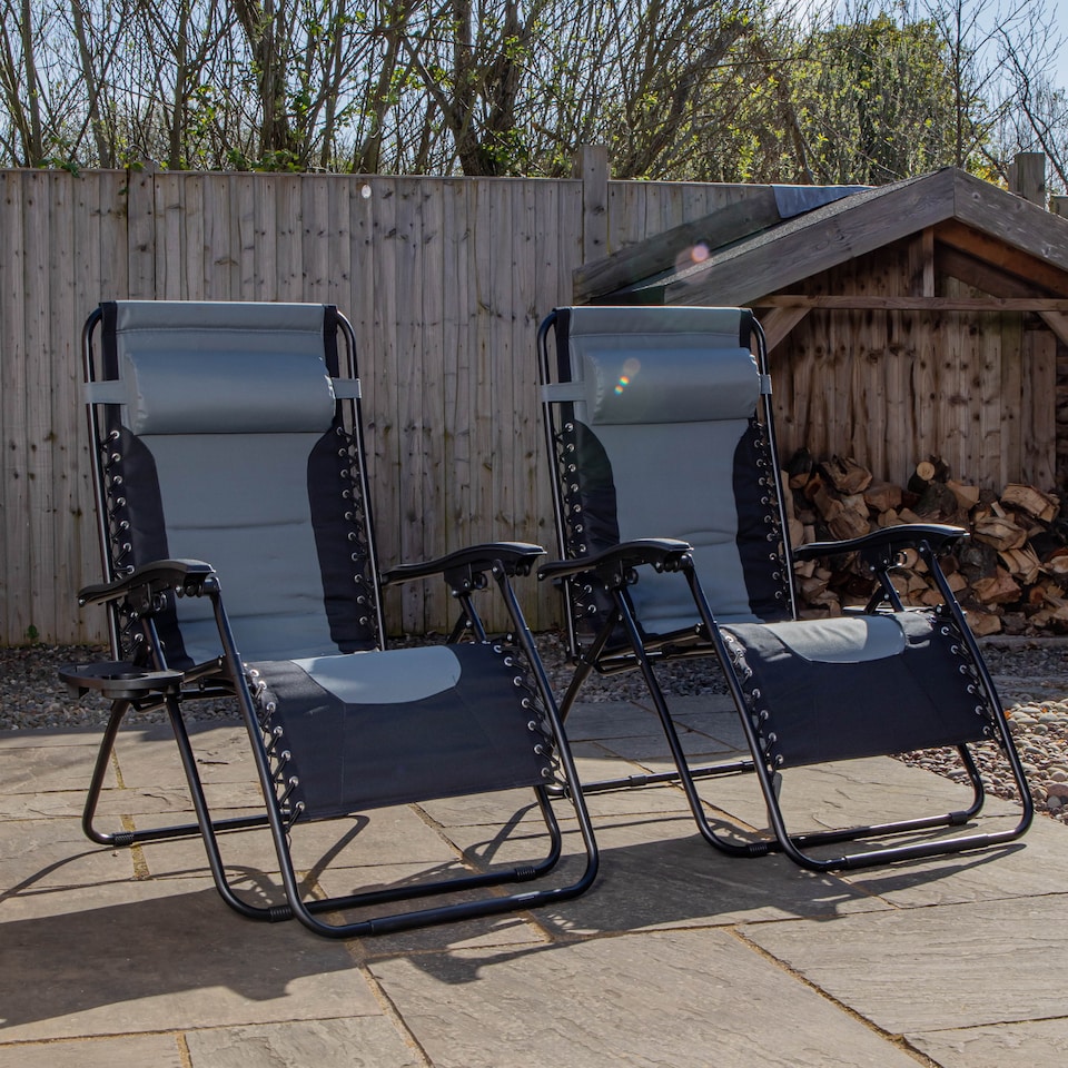 image 1 of Set of 2 Luxury Padded Multi Position Zero Gravity Garden Relaxer Chair Lounger in Grey & Black