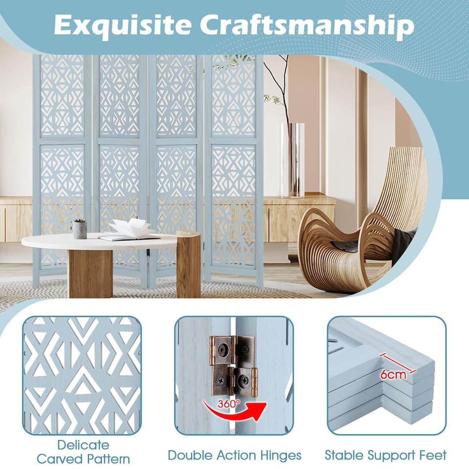 image 1 of COSTWAY 4-Panel Wooden Room Divider 165cm Folding Privacy Screen