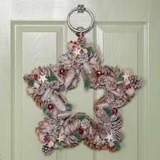 45cm Frosted Hanging Christmas Star Wreath with Red Jingle Bells & Wooden Stars