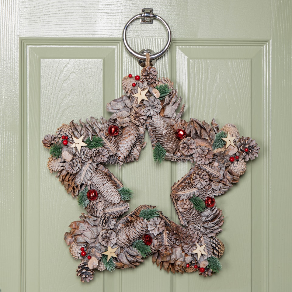 image 1 of 45cm Frosted Hanging Christmas Star Wreath with Red Jingle Bells & Wooden Stars