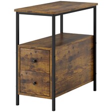HOMCOM Side Table, Narrow Bedside Table with 2 Drawers and Storage Shelf, Industrial End Table with Metal Frame for Small Spaces, Rustic Brown | Brown