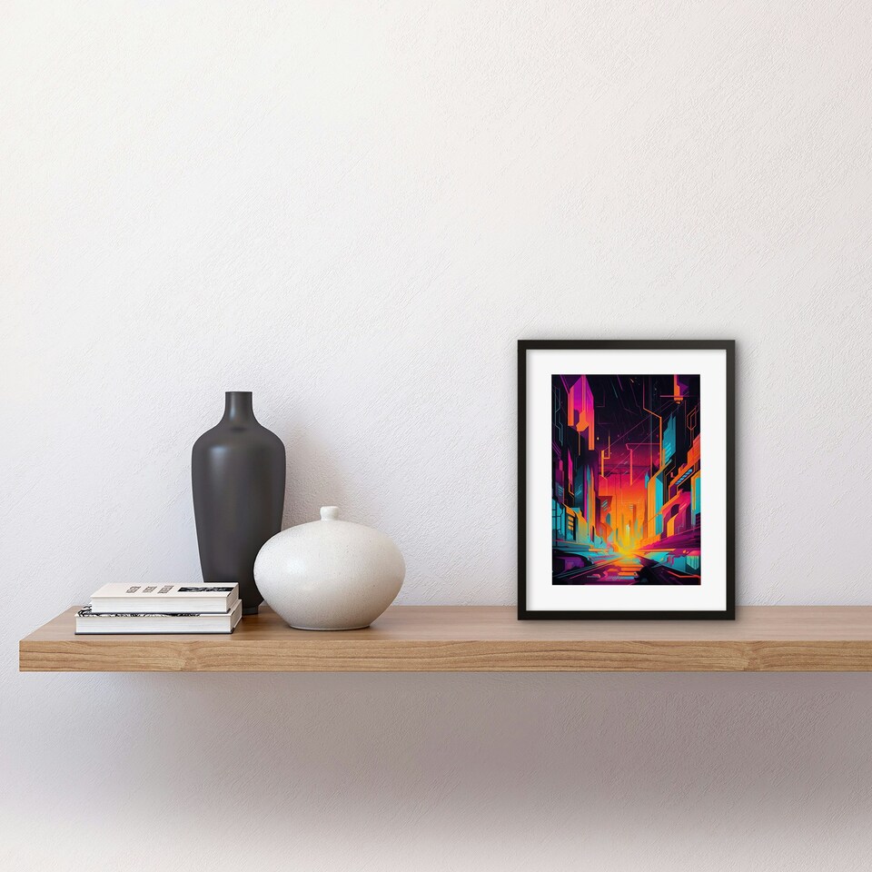 image 1 of Neon Light Colour Abstract Metropolis Cityscape Sunrise 9x7" Black Framed Wall Art Print