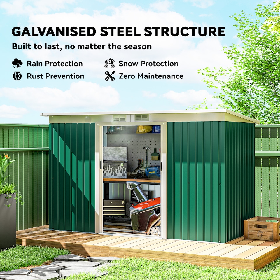 image 1 of Outsunny 9ft x 4ft Metal Garden Shed, Outdoor Tool House with Foundation Kit, Ventilations and Double Doors, Deep Green