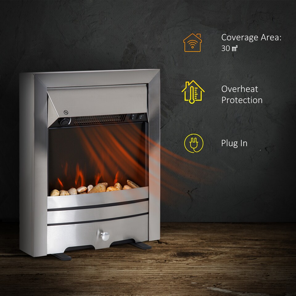 image 1 of HOMCOM Electric Fireplace Stainless Steel 2KW Heater LED Fire Flame Silver | Brown