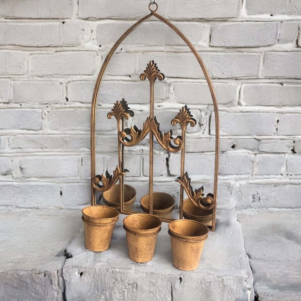 image 1 of Wall Mirror with Triple Planter - Metal - L15 x W45 x H75 cm - Rusty
