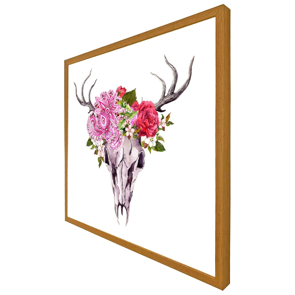 image 1 of Deer animal skull with flowers and feathers (Picutre Frame) Brown | Oak | S