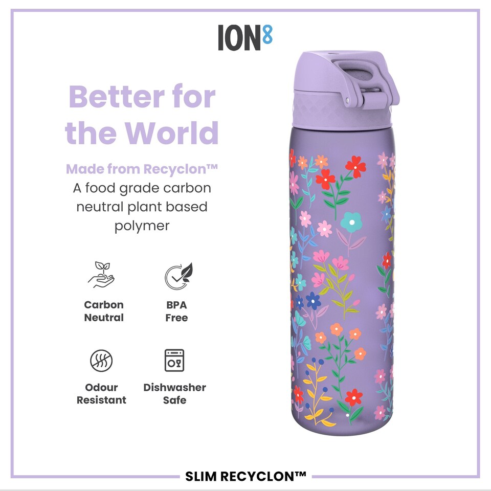 image 1 of Leak Proof Slim Water Bottle, BPA Free, 500ml (18oz) | Purple | Delicate Floral | One Size