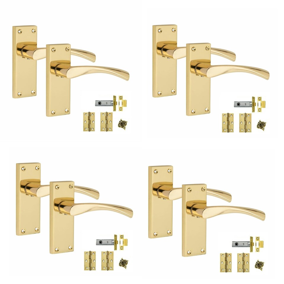 image 1 of Golden Grace 4 Sets Victorian Scroll Astrid Door Handles in Polished Brass with 1 Pair of 3" Standard Butt Hinges & Latches Pack - 120mm x 40mm Backplate Gold