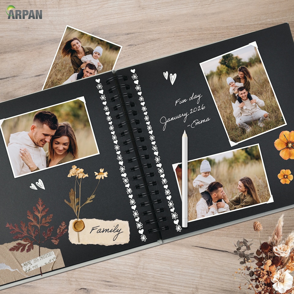 image 1 of ARPAN Spiral Bound Scrapbook Album – 50 Sheets / 100 Pages, 200 GSM Thick Paper – DIY Photo Album Memory Book with Ribbon Closure (26 x 25.5 cm) for Wedding, Baby, Travel, Artwork & Scrapbooking