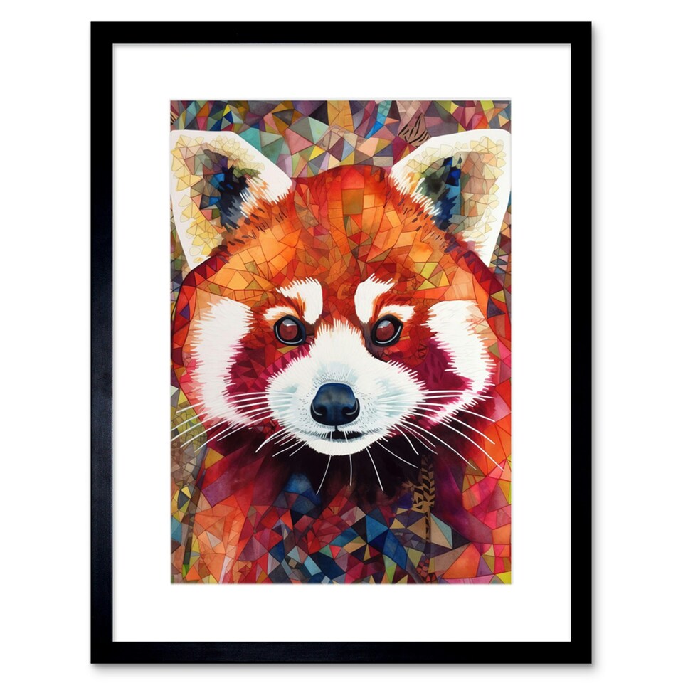 image 1 of Red Panda Portrait Mosaic Folk Art 9x7" Black Framed Wall Art Print