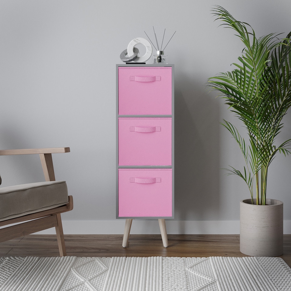 image 1 of Grey 3-Tier 3-Drawer Cube Shelving Unit with Scandinavian Legs | Pink | Light Pink & White | 1