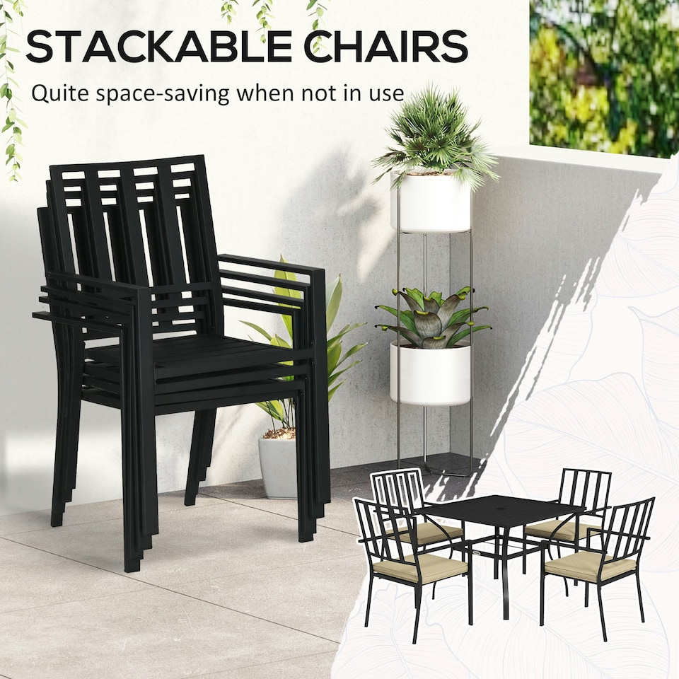 image 1 of Outsunny Garden Dining Set with 4 Stackable Cushioned Chairs and Table