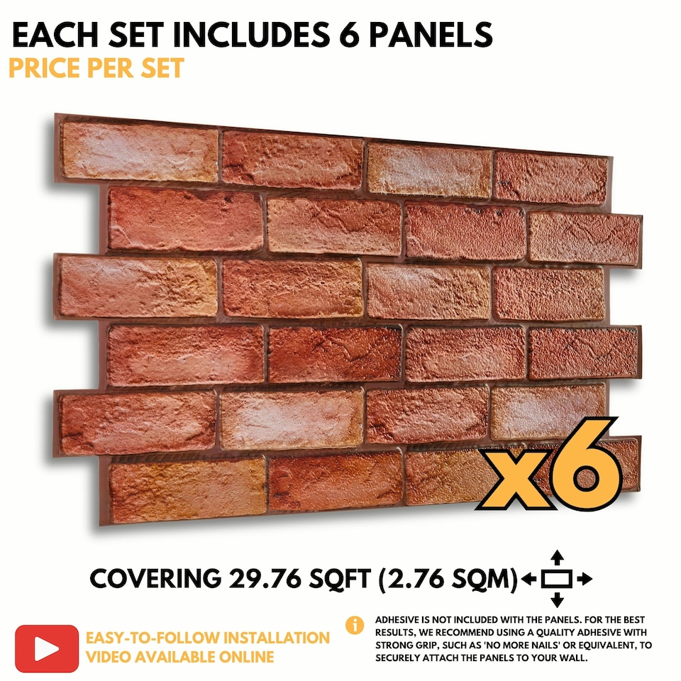 image 1 of NOVECRAFTO 3D Brick Effect Wall Panels – 6 PVC Sheets, Covers 2.76 sqm (29.76 sq ft), 96x48cm Each – Reddish Brown Faux Brick Cladding for Interior Walls