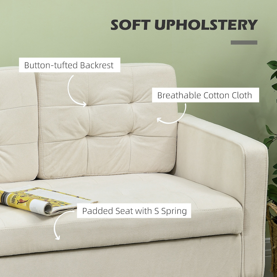 image 1 of HOMCOM Modern 2 Seater Sofa with Hidden Storage, 117cm Tufted Cotton Couch with Wood Legs, Compact Loveseat for Living Room, Kitchen, Cream White