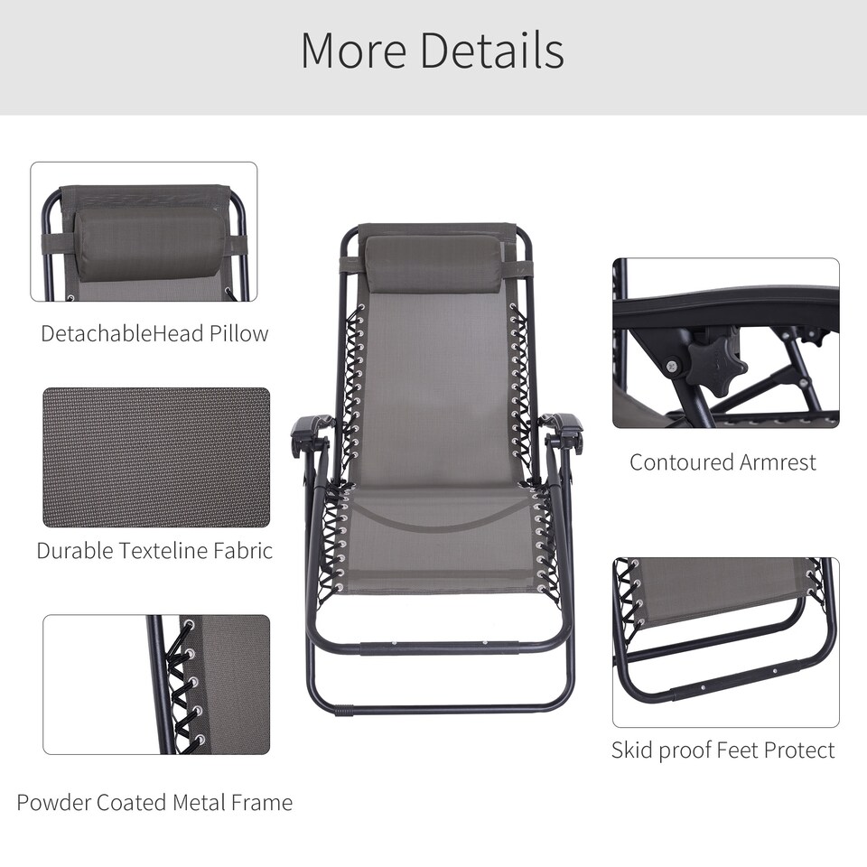 image 1 of Outsunny Zero Gravity Chair Metal Frame, Reclining Lounger w/ Pillow Grey
