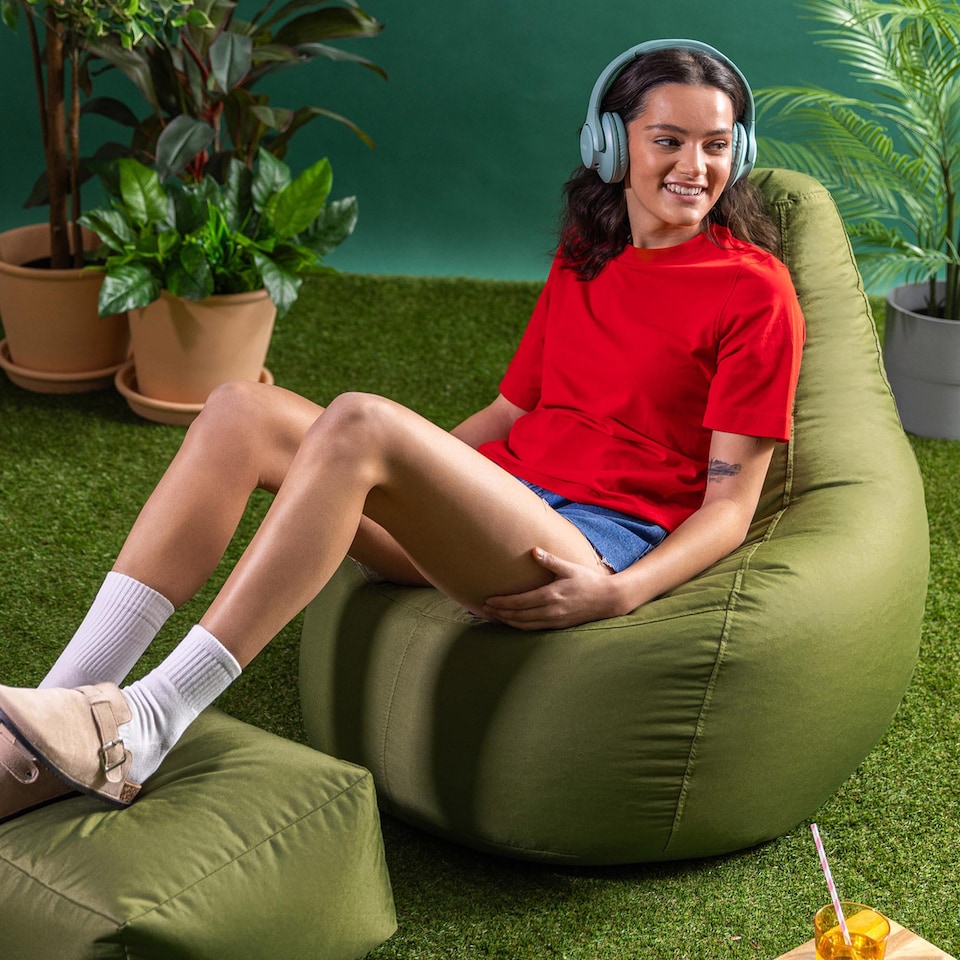 image 1 of Icon Dalton Adults High Back Indoor Outdoor Bean Bag Chair & Footstool Pouffe, Khaki