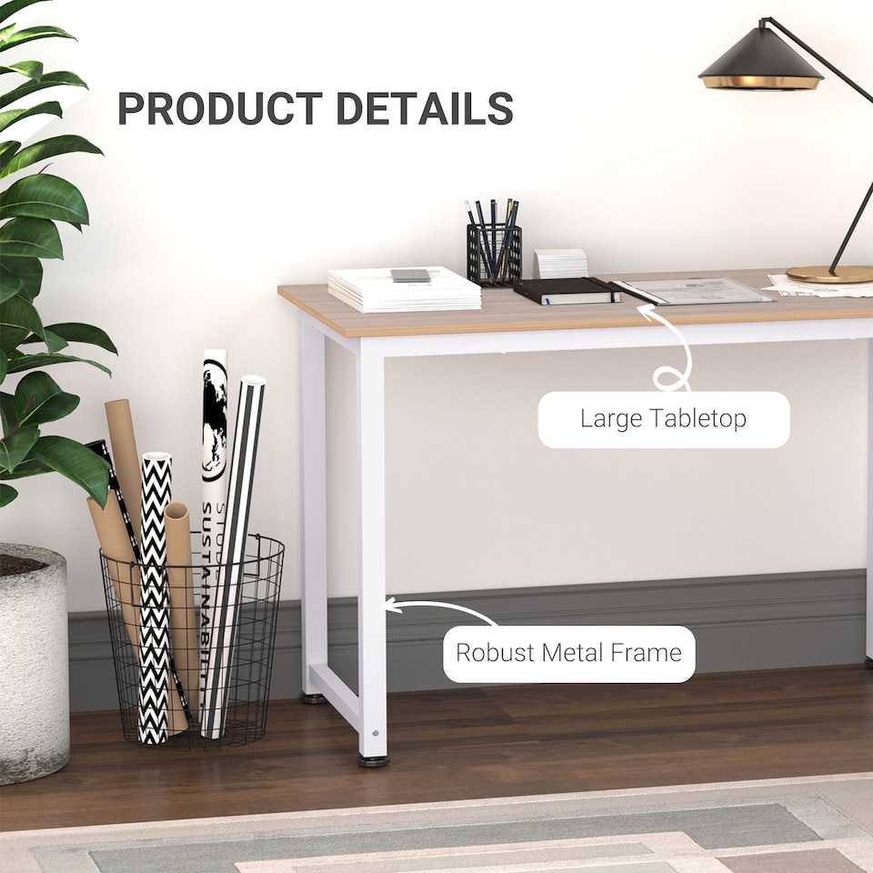 image 1 of HOMCOM Computer Desk, Writing Table, 120 x 60 x 76cm Workstation for Home Office, Study with Metal Frame, Simple Assembly, White