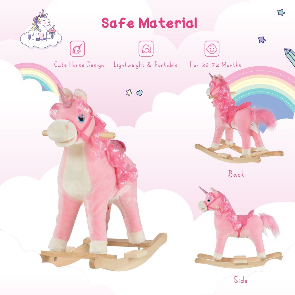 image 1 of HOMCOM Kids Rocking Unicorn Ride-On Horse Moving Mouth Tail Sounds 36-72 Mnths