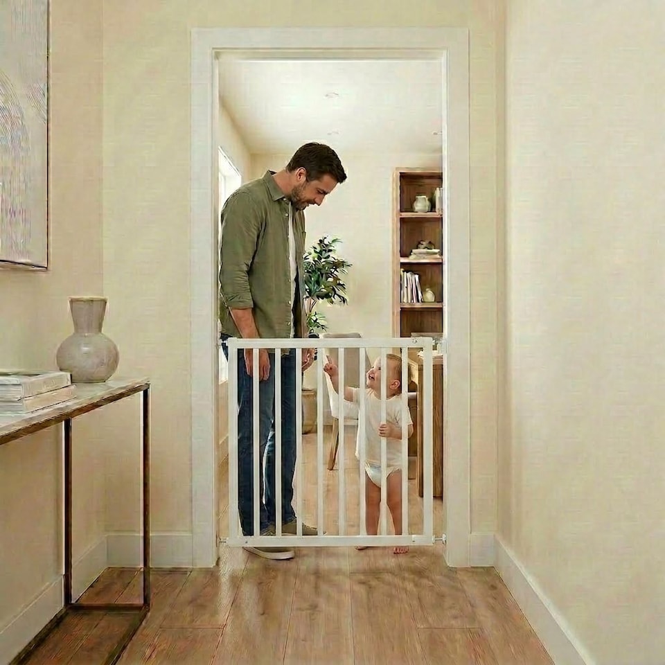 image 1 of Safetots Simply Secure Wooden Gate, 72cm - 79cm, White, Wooden Stair Gate, Screw Fit Baby Gate, Safety Barrier